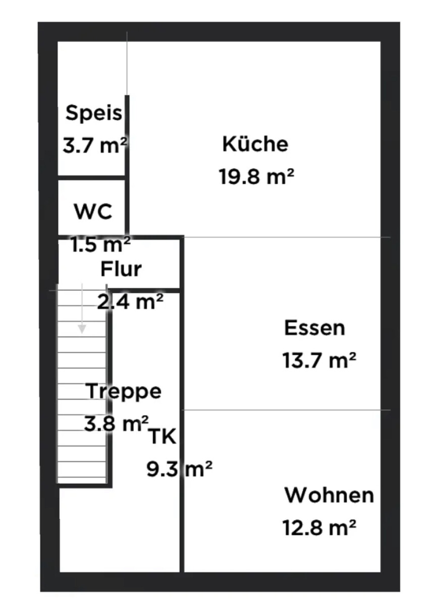 Floor plan of a house: Kitchen 19.8 m², Dining 13.7 m², Living 12.8 m², Staircase 9.3 m²