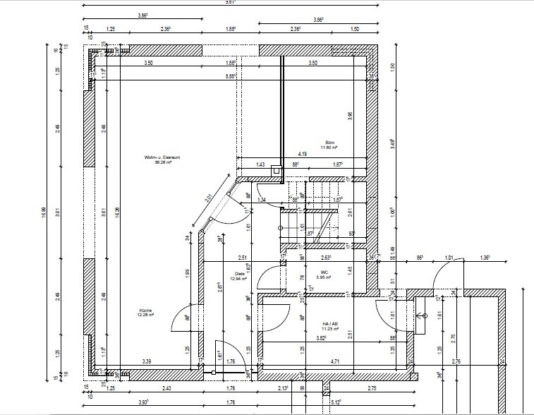 Technical floor plan of a living space: walls, doors, and precise measurements.