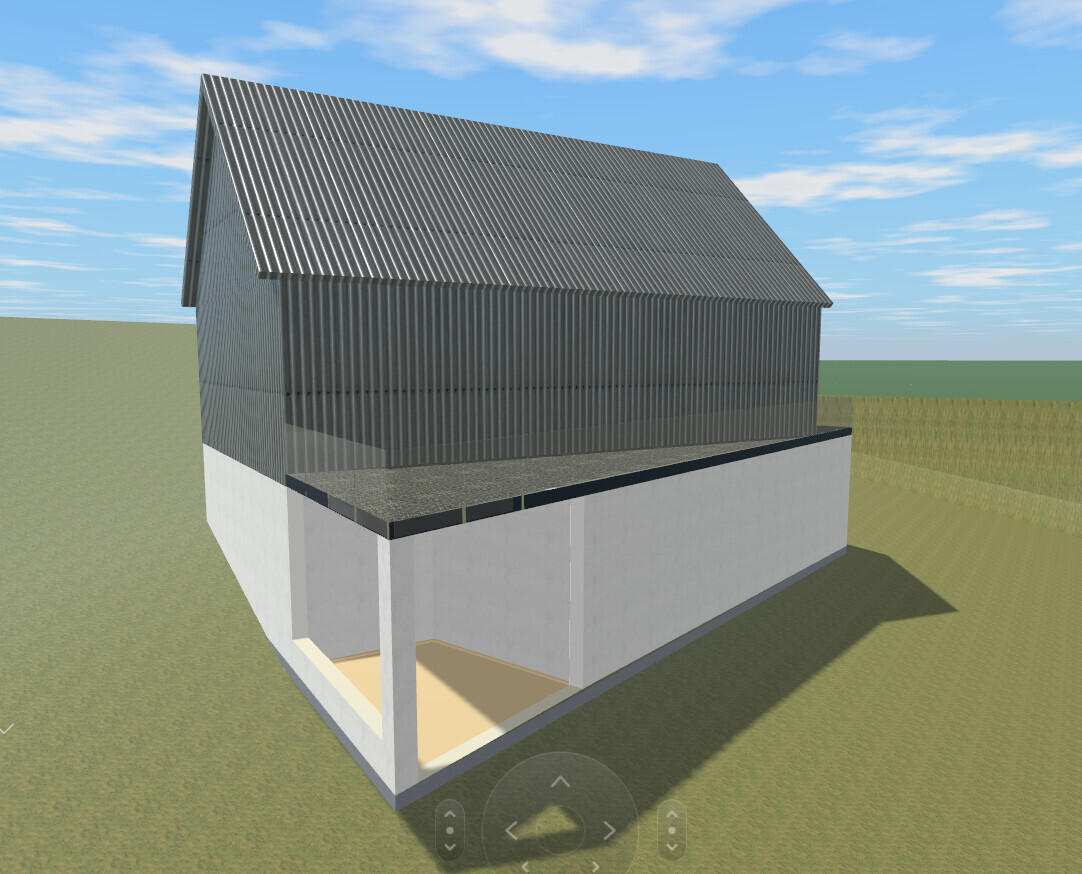 3D view of a house with metal roof, concrete foundation, and terrace on green terrain