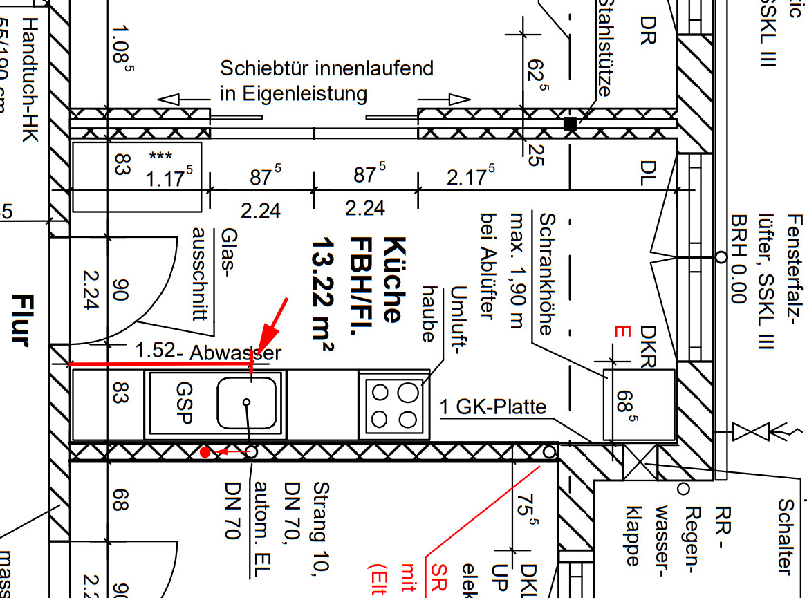 Technical floor plan of a kitchen unit: sink, dishwasher, cooktop, wastewater pipe.