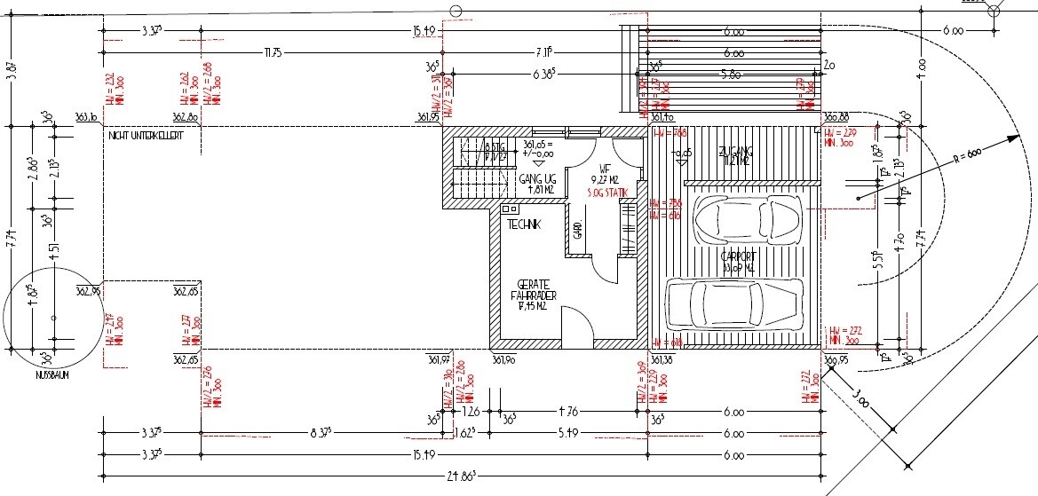 Floor plan of a building with double garage, staircase, utility room, and hallways.