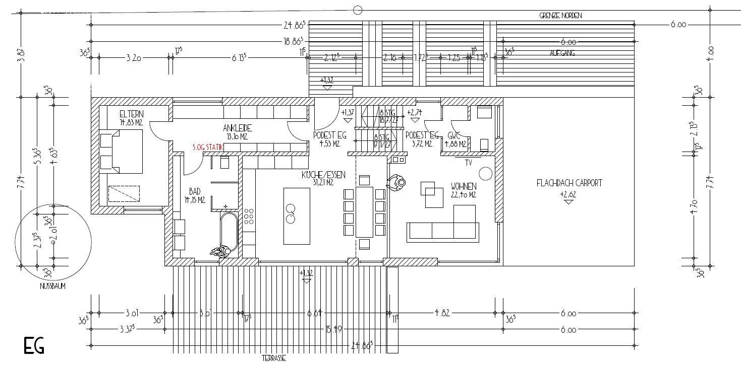 Ground floor plan: rooms such as master bedroom, dressing room, kitchen, dining, bathroom, living room, terrace, carport.