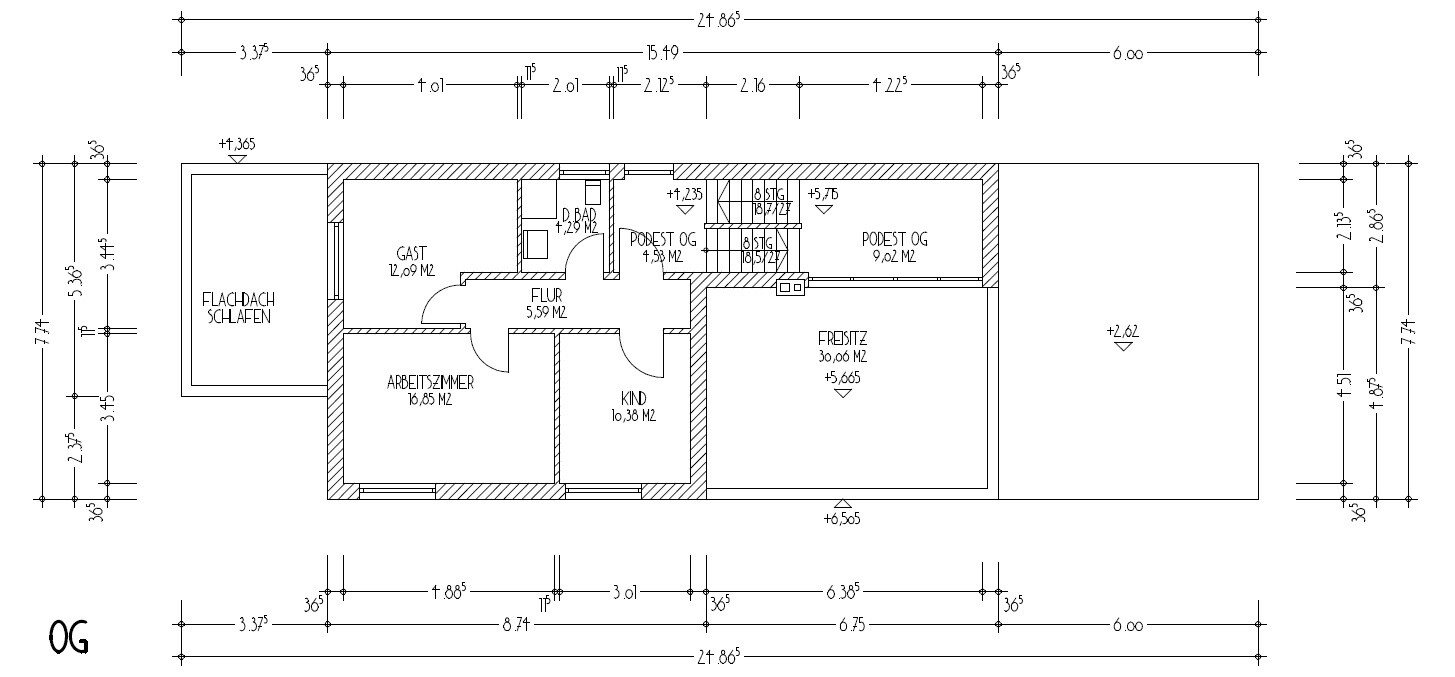 Upper floor plan: hallway, guest room, office, child’s room, bathroom, balcony, upper floor landing, flat roof over bedroom.