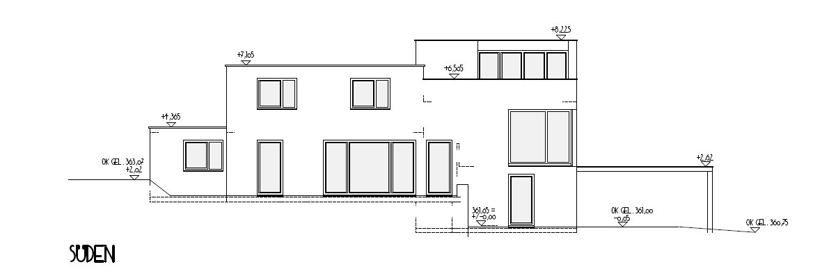South view of a modern house with large windows and multiple levels.