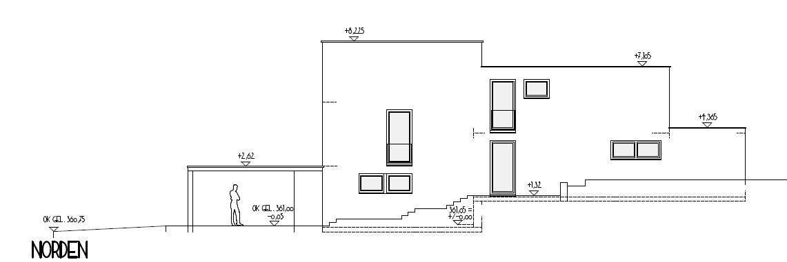 North side of a modern two-story house with flat roof, stairs, and windows; person at the entrance.