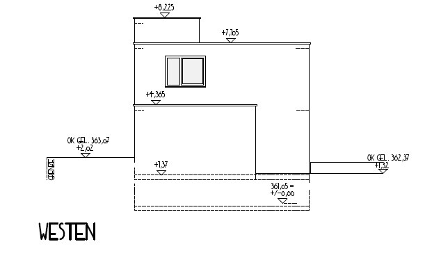 West elevation of a house with window, roof edge, and dimension lines.