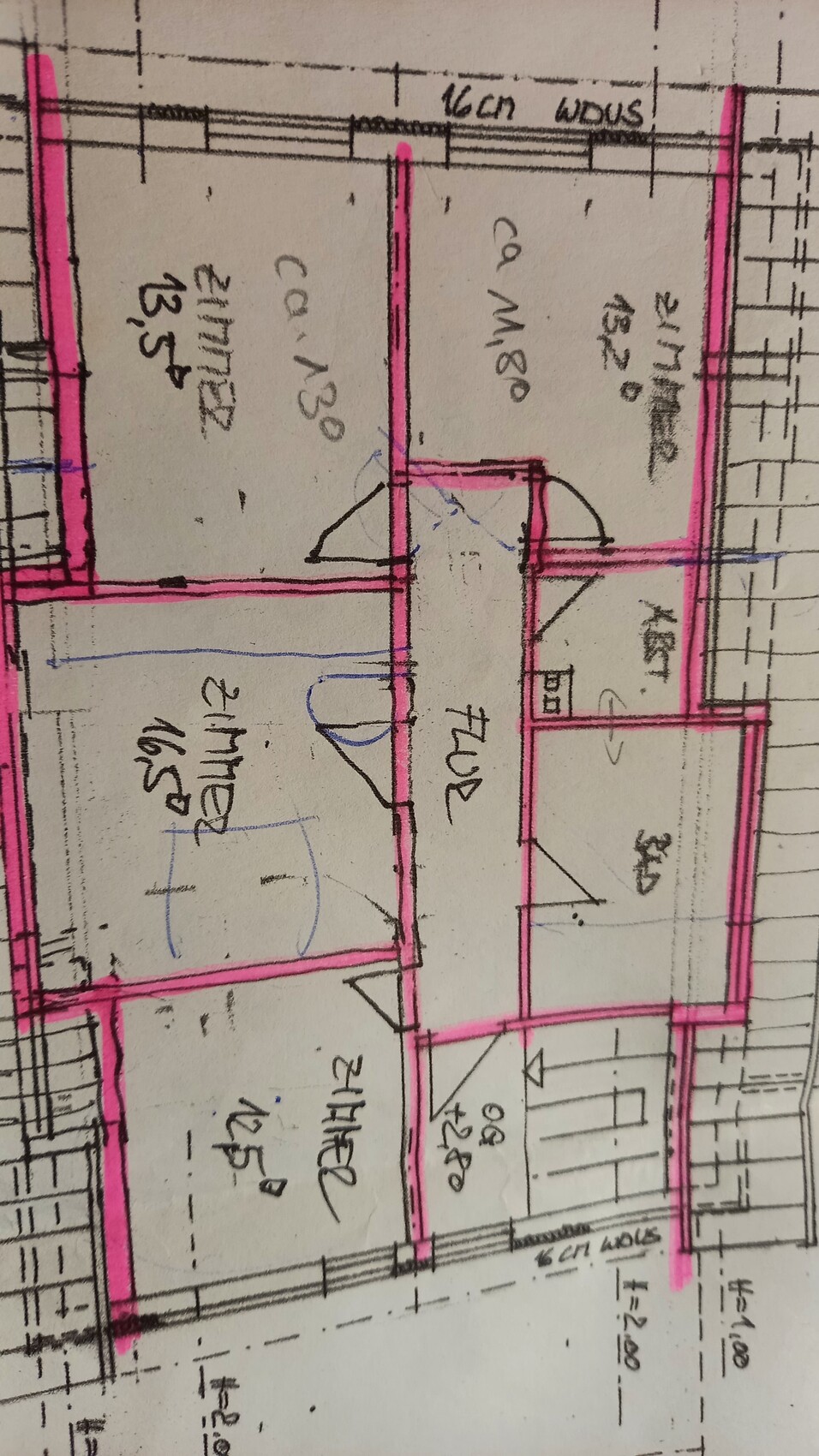 Floor plan of an apartment with pink highlighted walls, central hallway, bathroom and kitchen on the right, rooms on the left.