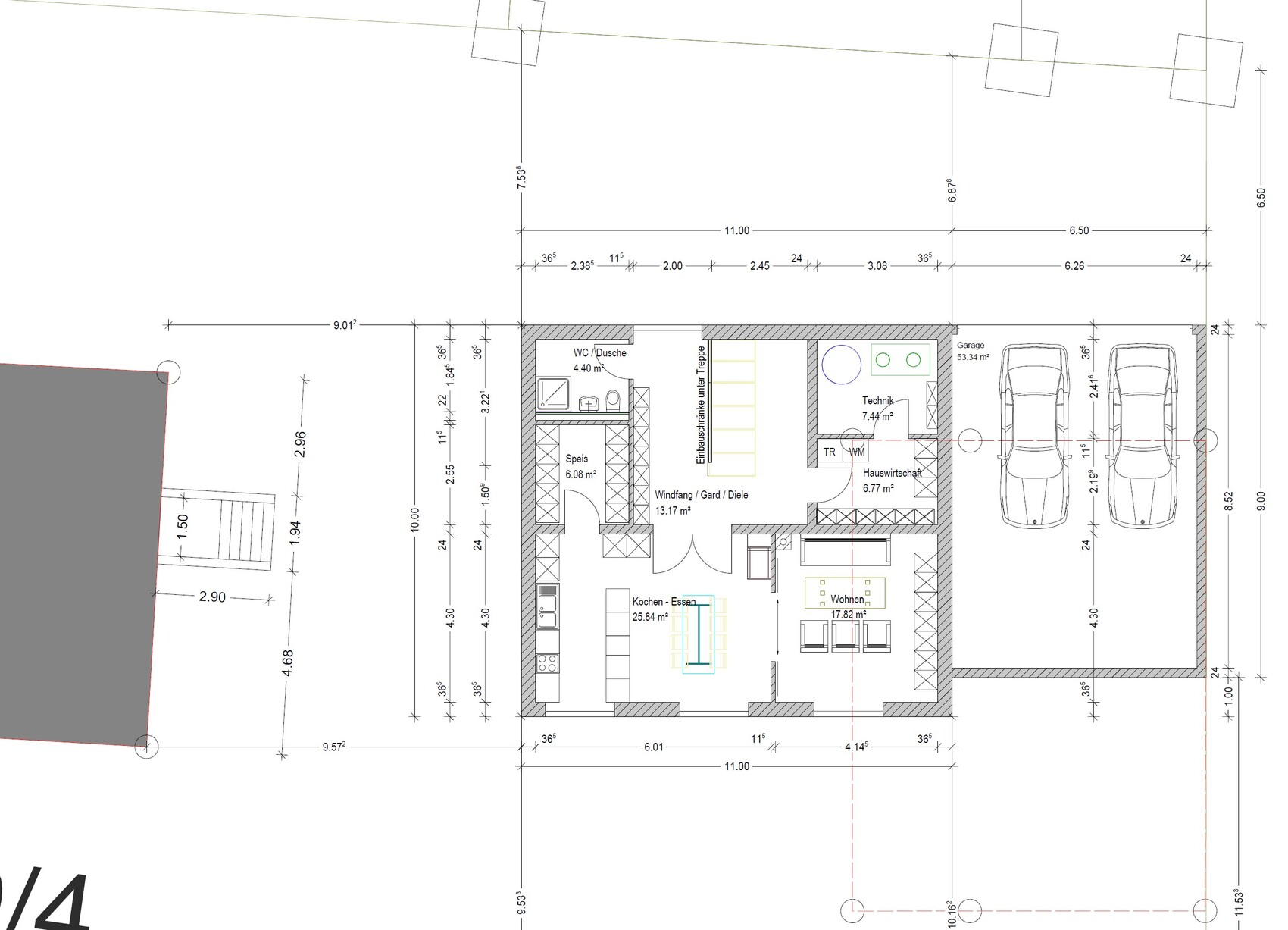 Ground floor plan: kitchen, living area, garage for two cars, utility room, WC, pantry.