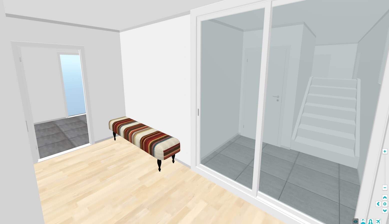 Bright entrance area: wooden floor, colorful striped bench, glass sliding door to stairwell.