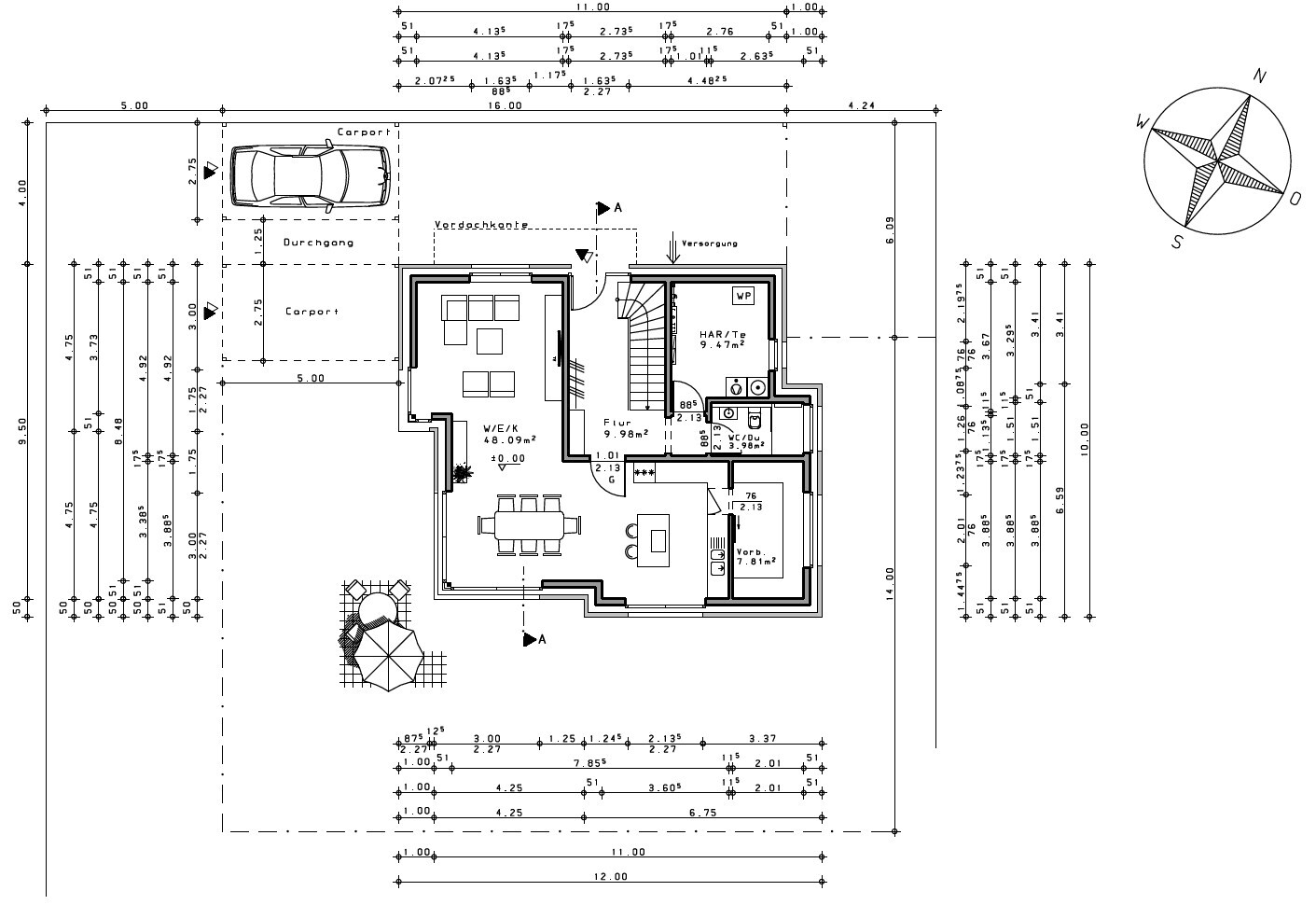 Floor plan of a single-family house with carport, living room, kitchen, hallway, pantry.