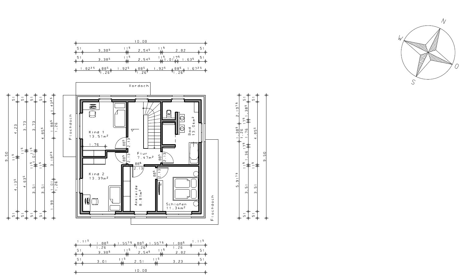 Floor plan of a house with bedroom, children’s room, dressing room, bathroom, and hallway; compass rose.