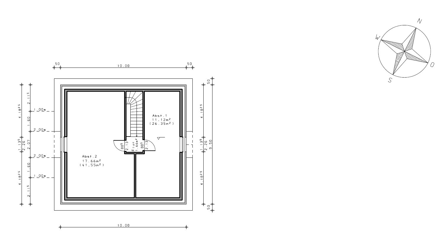 Floor plan of a square building section with central staircase and two rooms; compass rose.
