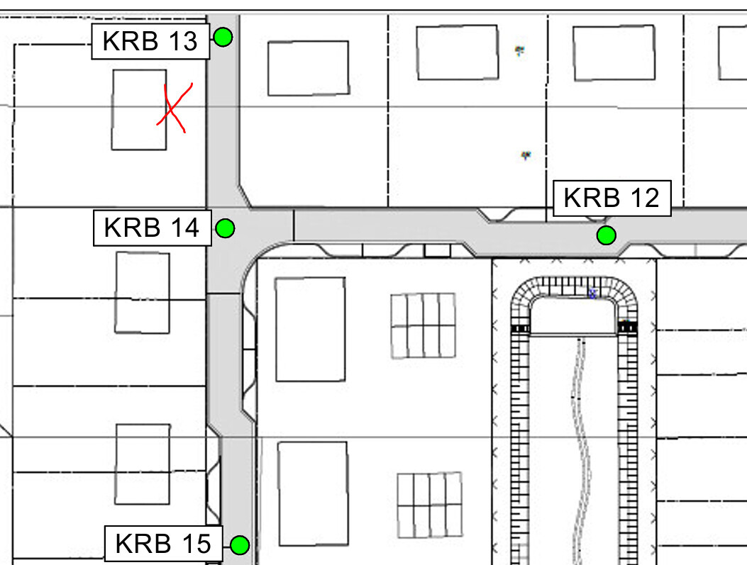 Site plan with roads, buildings, KRB 12–15, green markings, and red X at KRB 13.