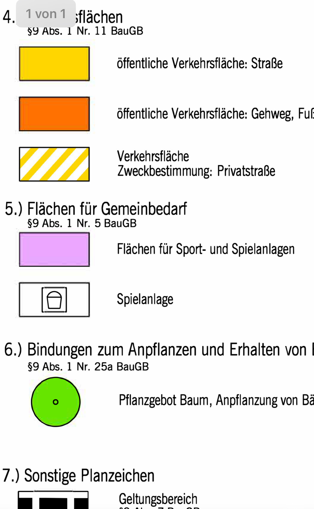 Legende: gelb Straße, orange Gehweg, gelb-schraff Privatstraße, lila Gemeinbedarf, grün Pflanzgebot.