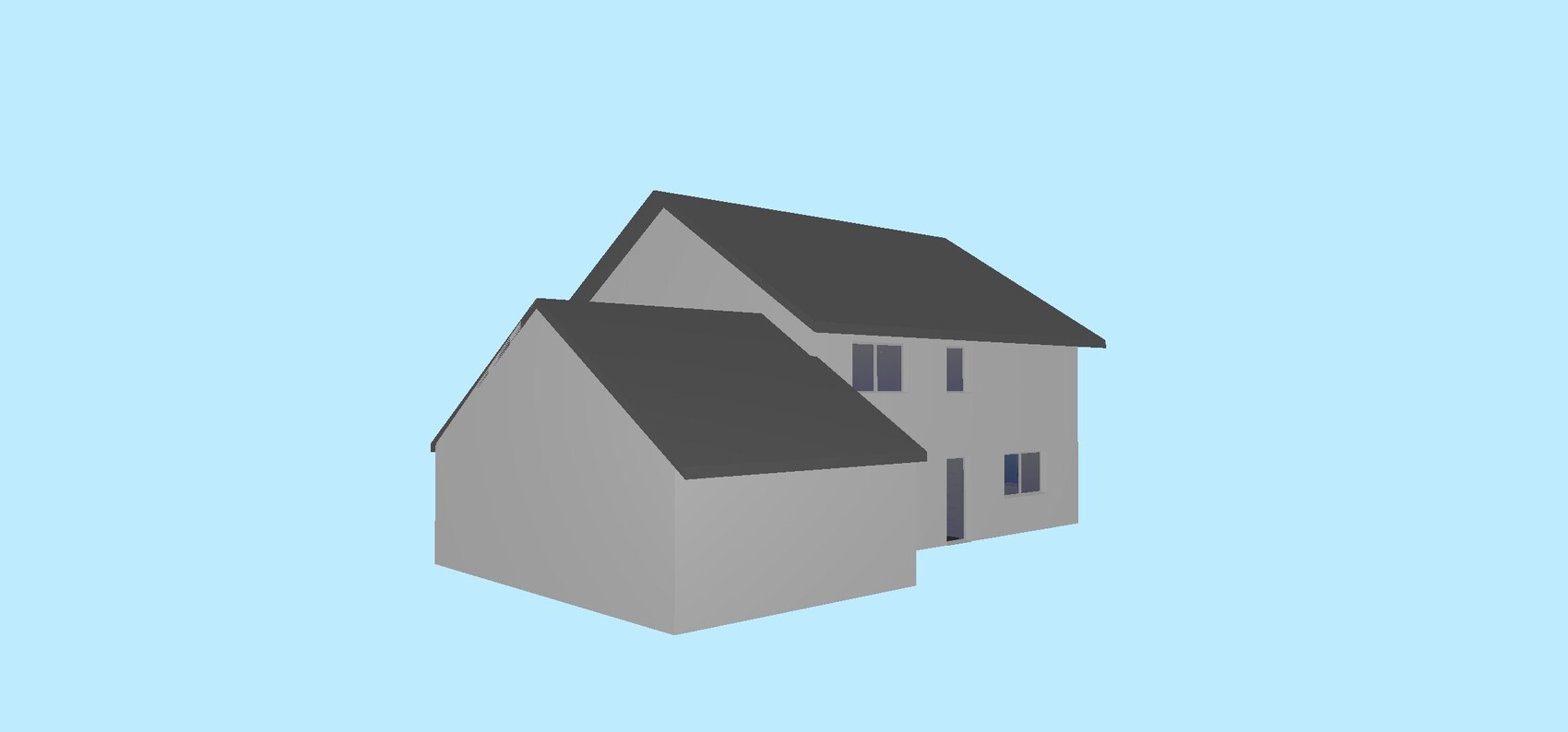 Two gray residential houses with dark roofs stand against a blue background; garage on left, windows on right.