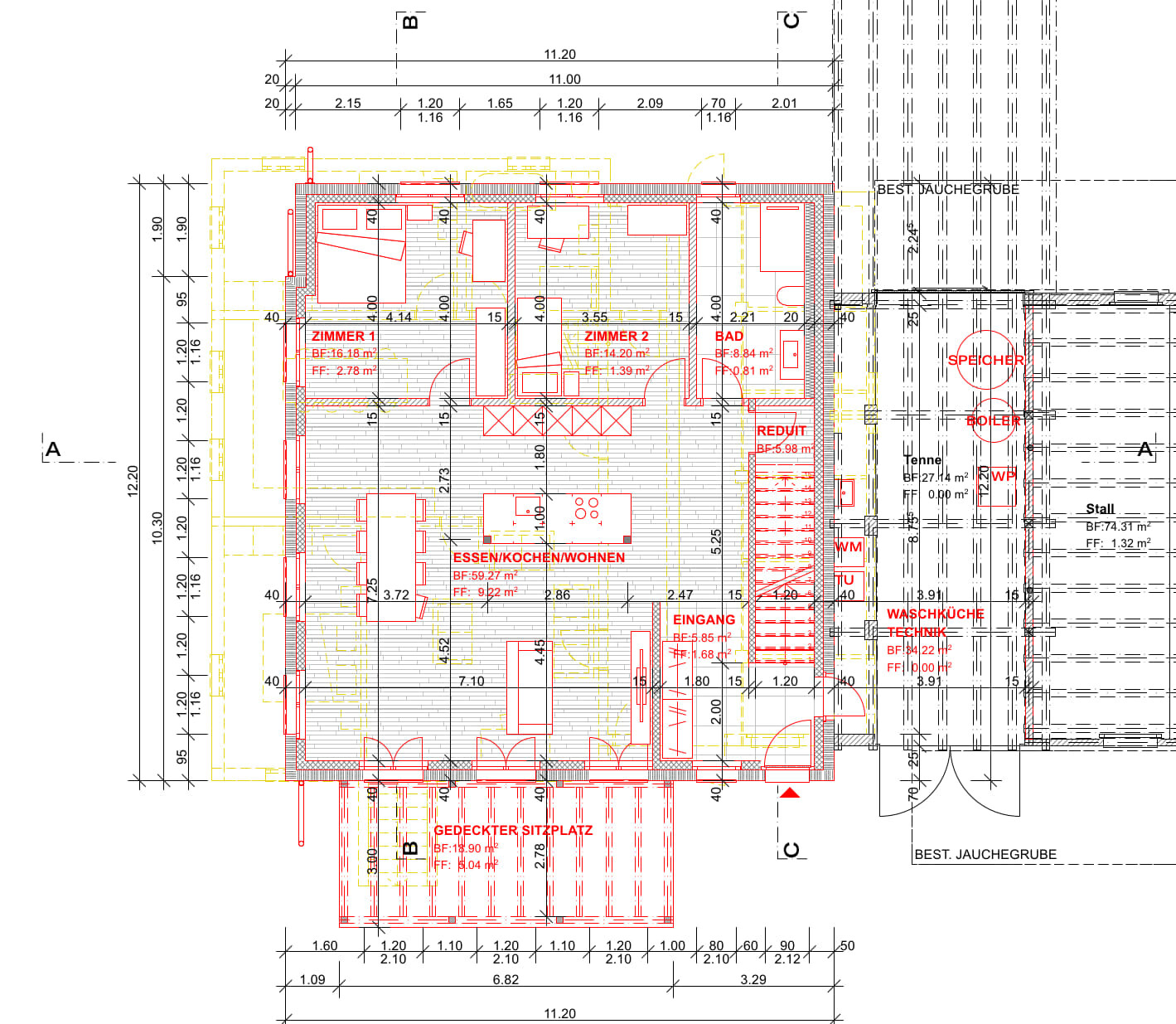 Floor plan of a house with rooms, kitchen, dining area, bathroom and entrance area.