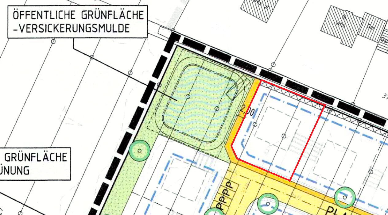 Site plan: public green area with infiltration basin, yellow paths and red marked area