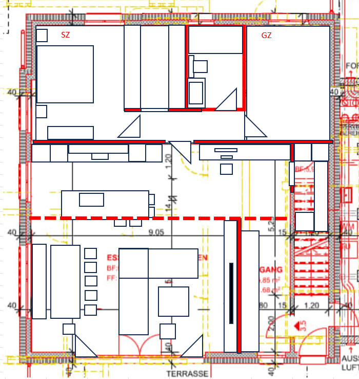 Floor plan of a house with terrace, hallways, rooms; red exterior walls, blue interior walls