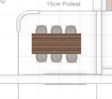 Top-down view: rectangular wooden table with six chairs in kitchen and dining area.