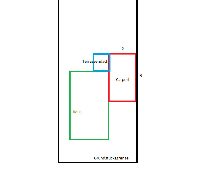 2D site plan sketch of a building plot with house, carport, terrace, and property boundary