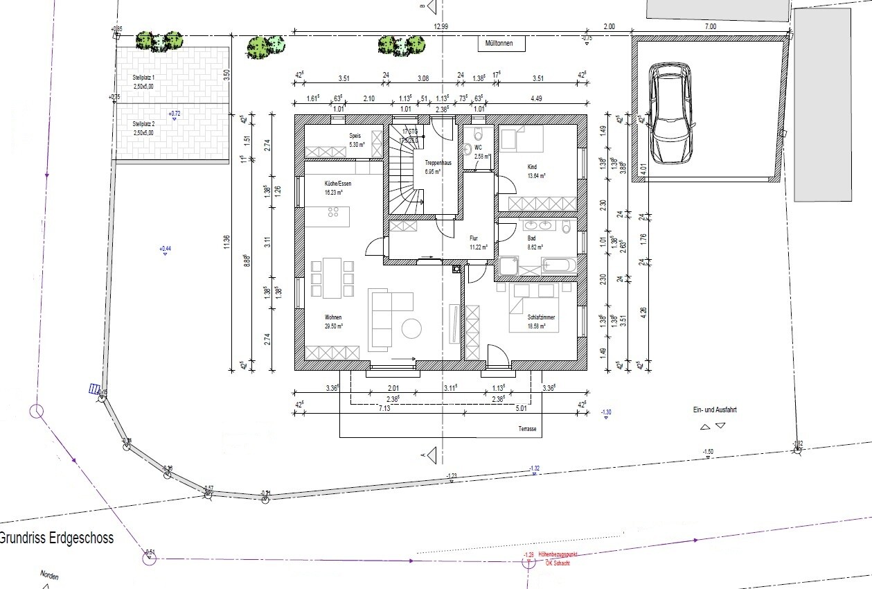 Ground floor plan of a house with living room, kitchen, bathroom, and terrace