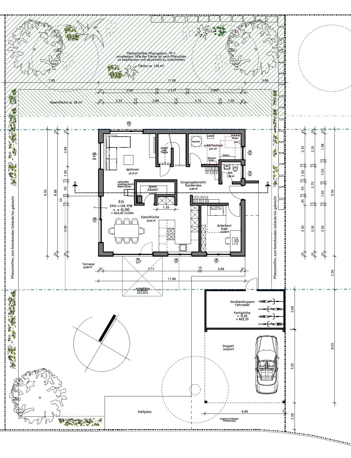 Grundriss eines Hauses mit Wohnbereich, Küche, Terrasse, Garten und Carport.