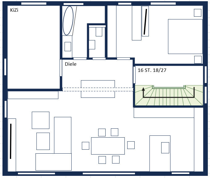 Grundriss eines Hauses: Großes Wohnzimmer/Essen, Diele, Bad, Kinderzimmer, Schlafzimmer, Treppenhaus.
