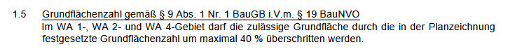 Legal document with regulations on floor area ratio according to BauGB.