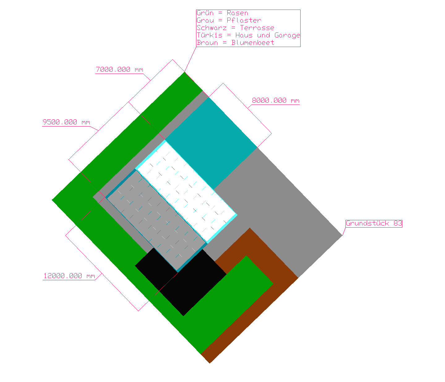 Site plan: Green=lawn, Gray=paving, Black=terrace, Turquoise=house/garage, Brown=flower bed