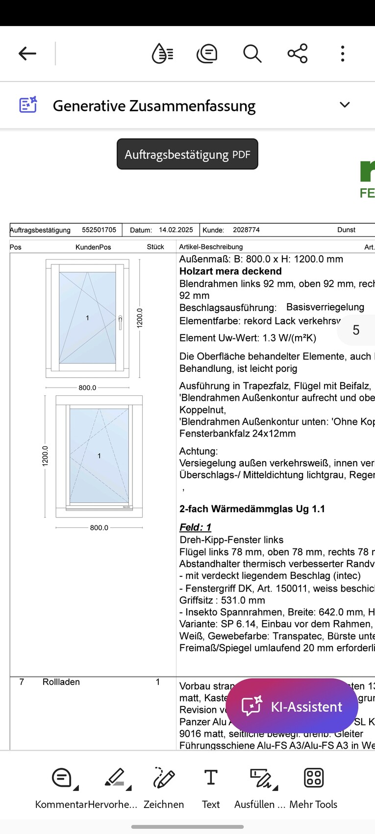 Order confirmation PDF with window drawing, external dimension 800x1200 mm (31.5x47.2 inches), text on the right.