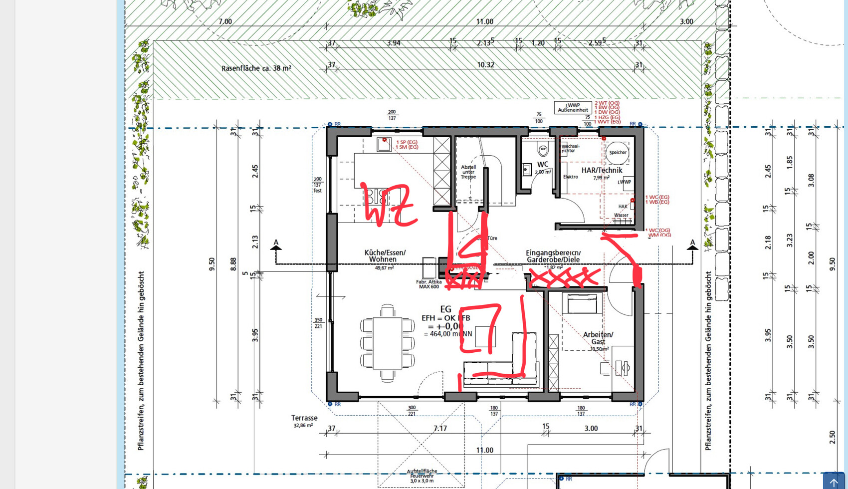 Floor plan of a single-family house: kitchen/dining/living, entrance area, utility/technical room, terrace.