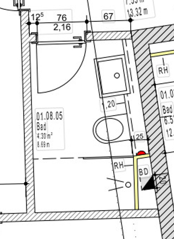 Grundriss eines Badezimmers mit Tür, Toilette und Waschbecken