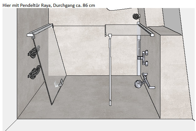 Badezimmer-Layout mit Pendeltür Raya, ca. 86 cm Durchgang; Dusche mit Glaswand und Armaturen.