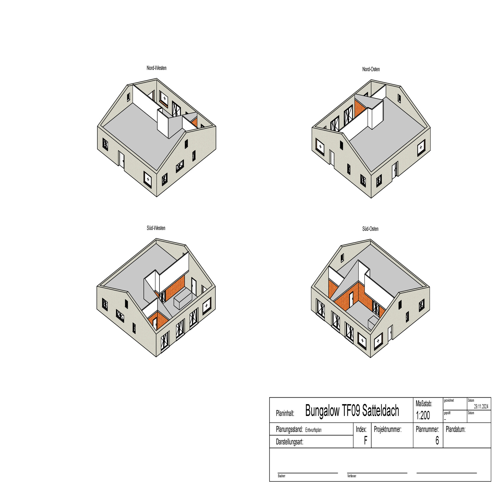 Isometric four views of a bungalow TF09 gable roof with interior walls.