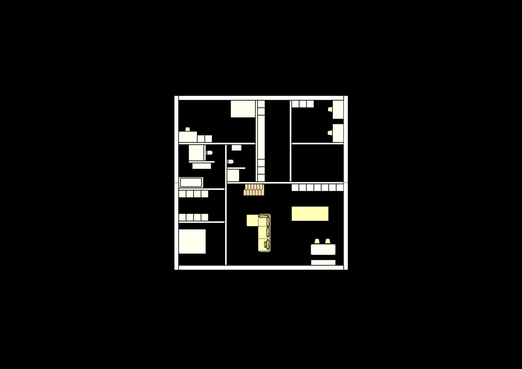Grundrissplan eines Hauses mit Innenwänden und Raumaufteilung.