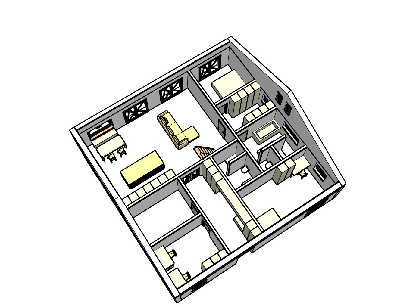 Isometrischer 3D-Grundriss eines Hauses mit Zimmern, Möbeln und Treppen