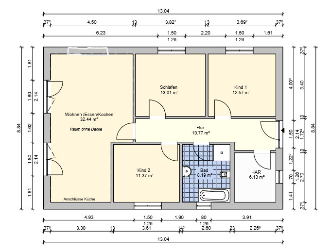 Floor plan of a house with living room, bedroom, bathroom, hallway and kitchen
