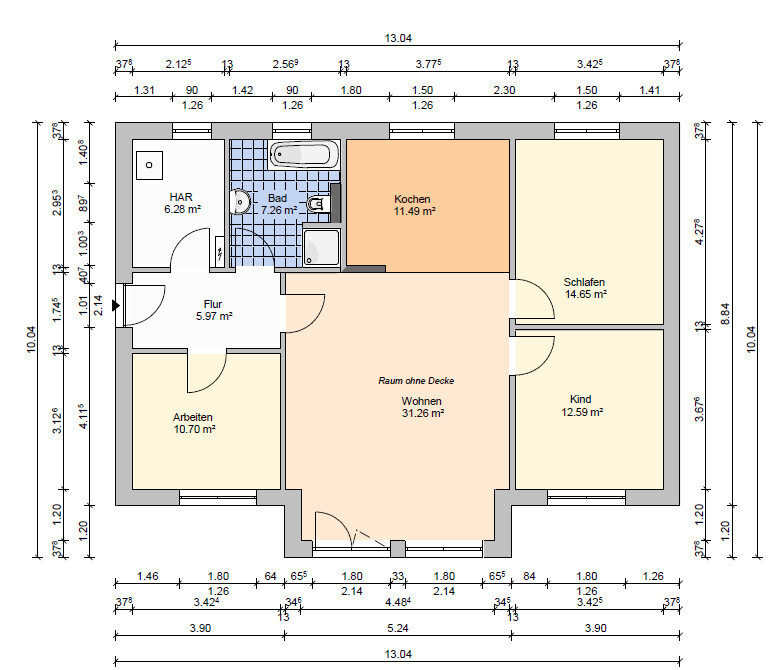 Floor plan of a multi-room house: living, cooking, sleeping, child, work, utility/storage room, bathroom, hallway