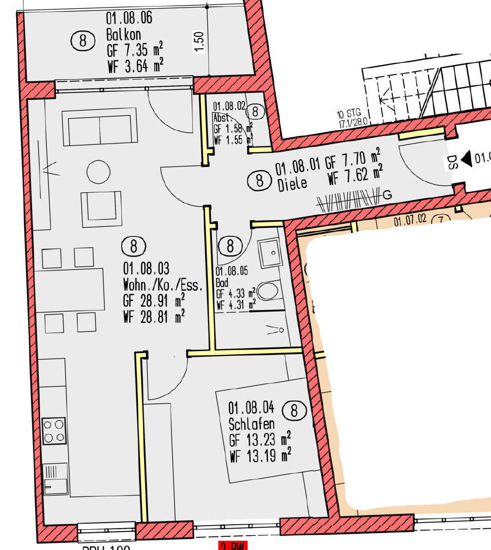 Grundriss einer Wohnung: Räume wie Wohnen/Kochen/Ess, Schlafen, Bad, Diele; Wände rot markiert.