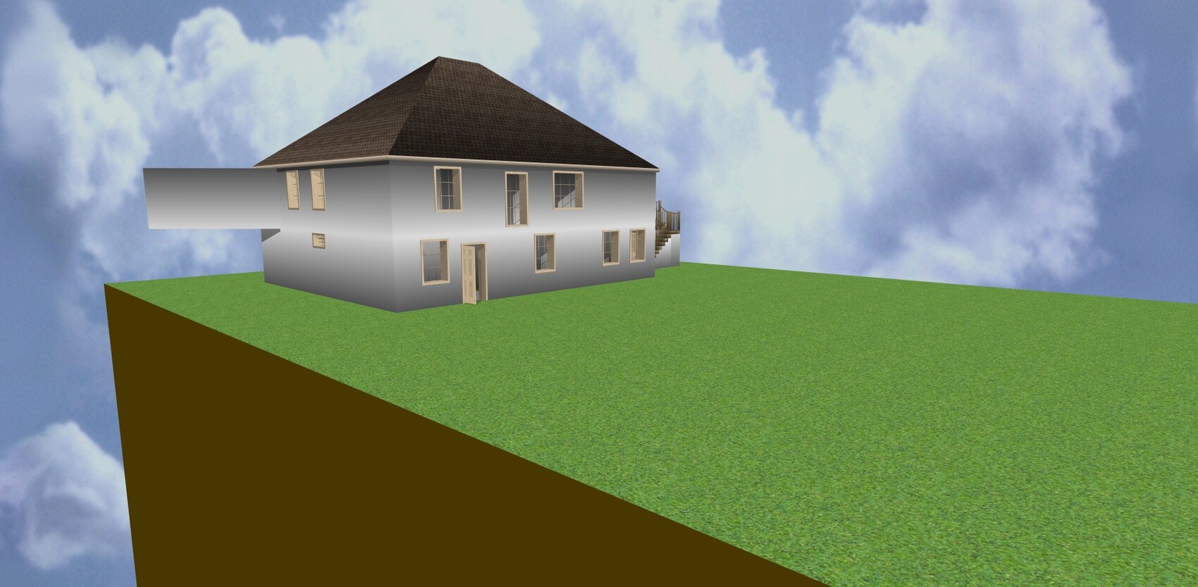 3D house on grass plateau at cliff edge; grey two-story house with brown roof.