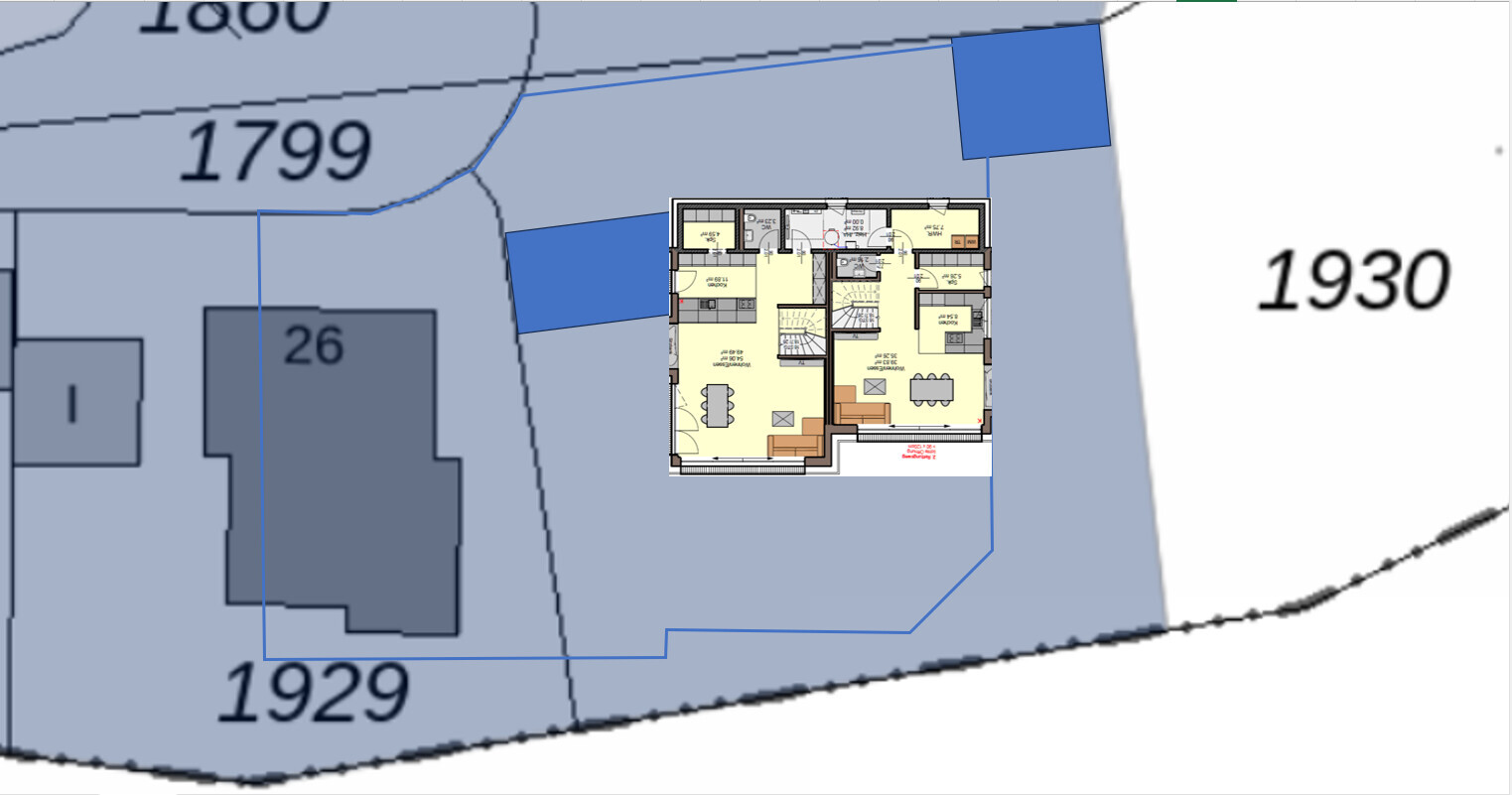 Map view with parcel numbers (1799, 1929, 1930) and embedded house floor plan.