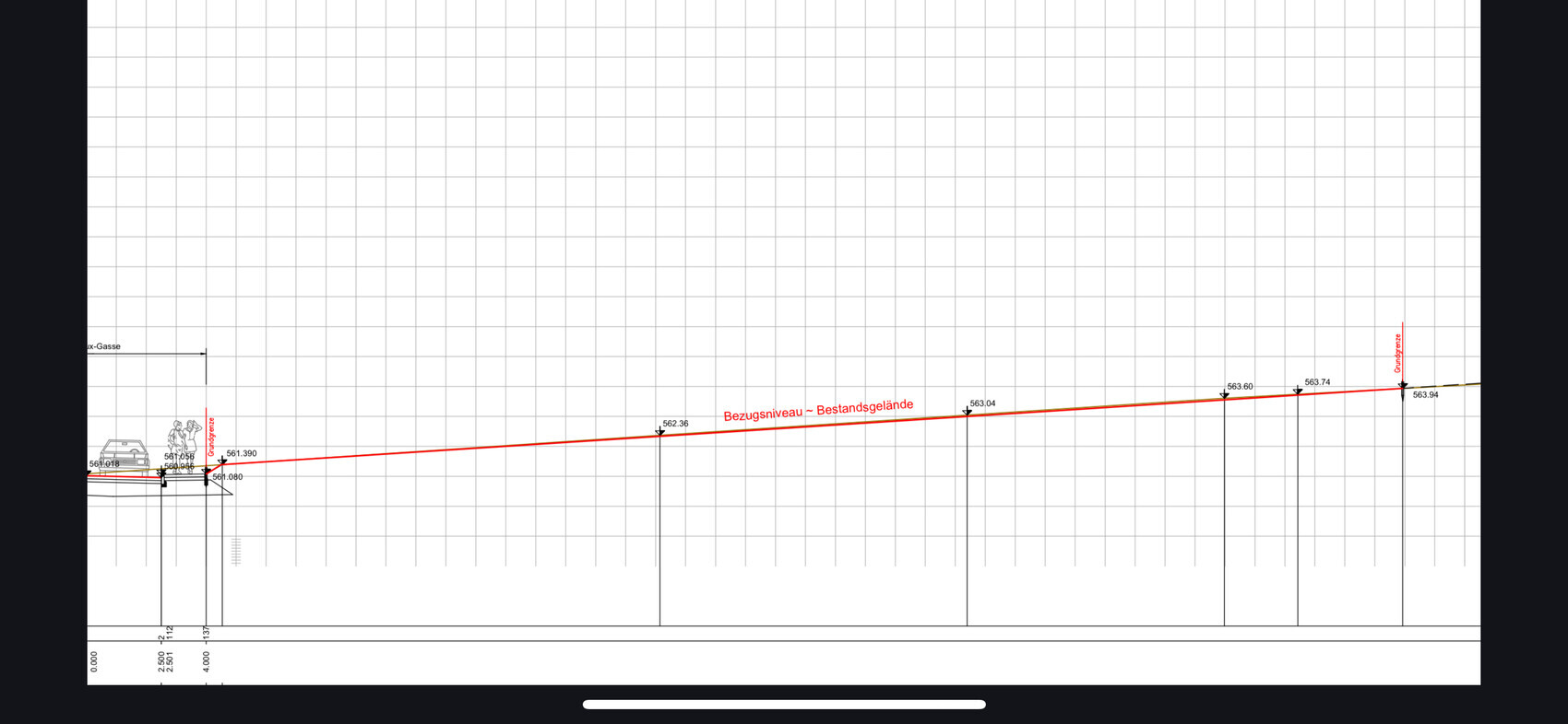 Technical construction plan with site profile, red reference line and dimension details on property