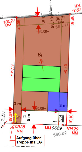 Site plan of a plot with brown area, green zones, blue building section, staircase to ground floor