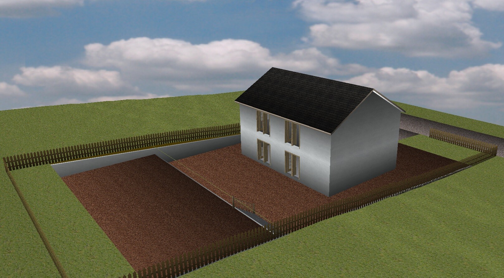 White two-story house with black roof on fenced property and red gravel.