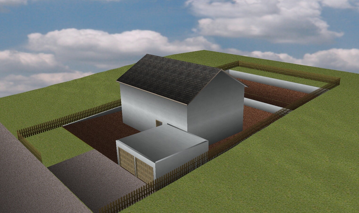 Single-family house with gray facade, dark roof, garage, surrounding trench drains, and wooden fences.