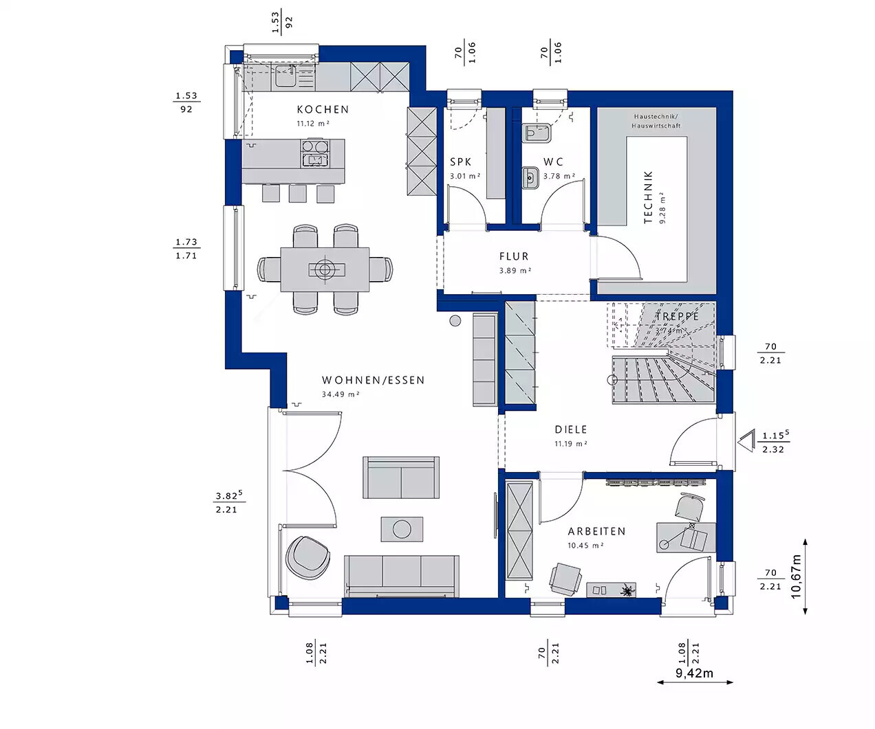 Grundriss eines Hauses mit Küche, Wohnen/Essen, Flur, Technik, WC und Arbeitszimmer.