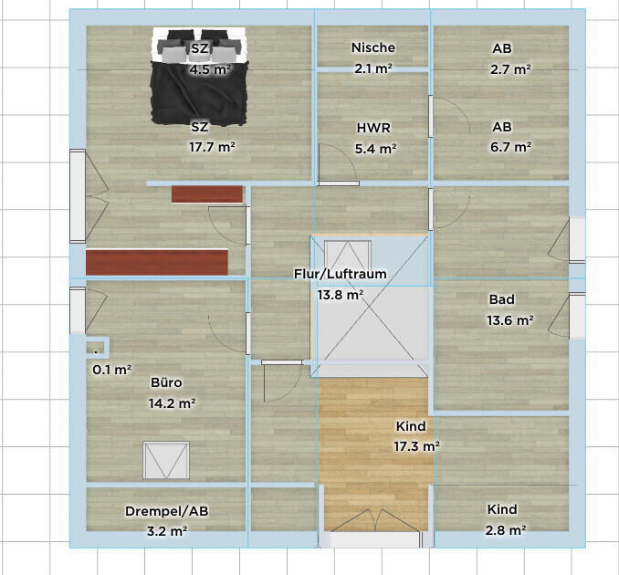 Floor plan of a residential house with hallway, bathroom, bedroom, office, two children's rooms, and utility room