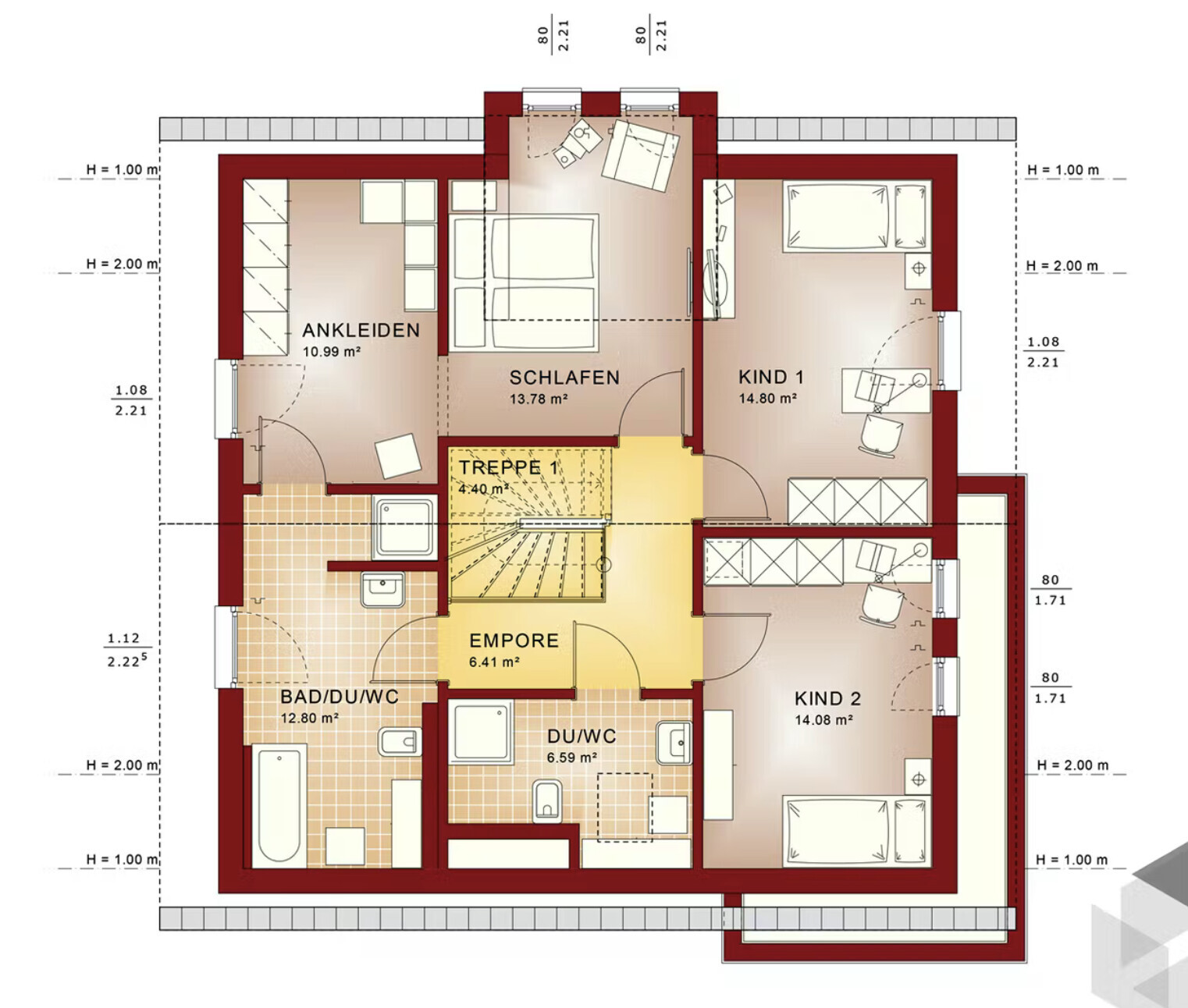 Upper floor plan: Bedroom, Walk-in closet, two children’s rooms, Bathroom/WC, Shower room/WC, Stairs.