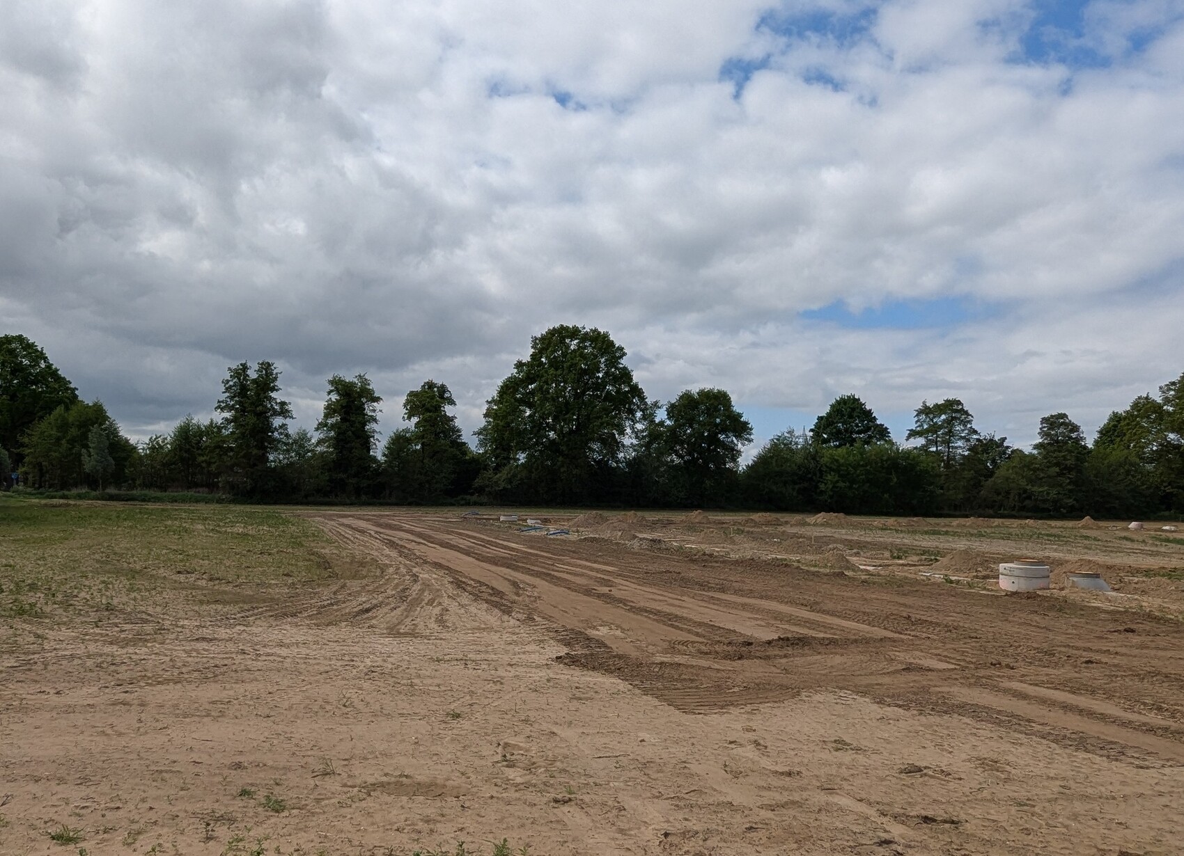 Empty construction site on open plot with earthworks, machinery tracks, and tree row in the background