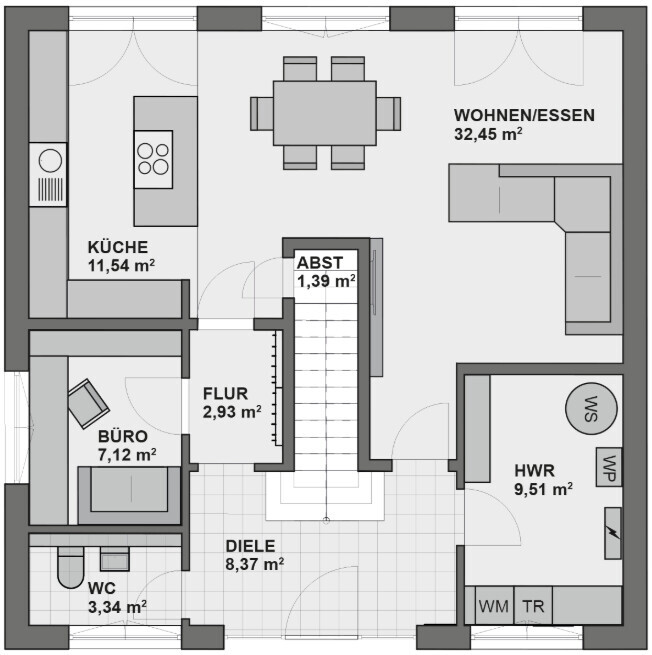 2D floor plan of a house with kitchen, living room, foyer, hallway, office, guest toilet, and utility room